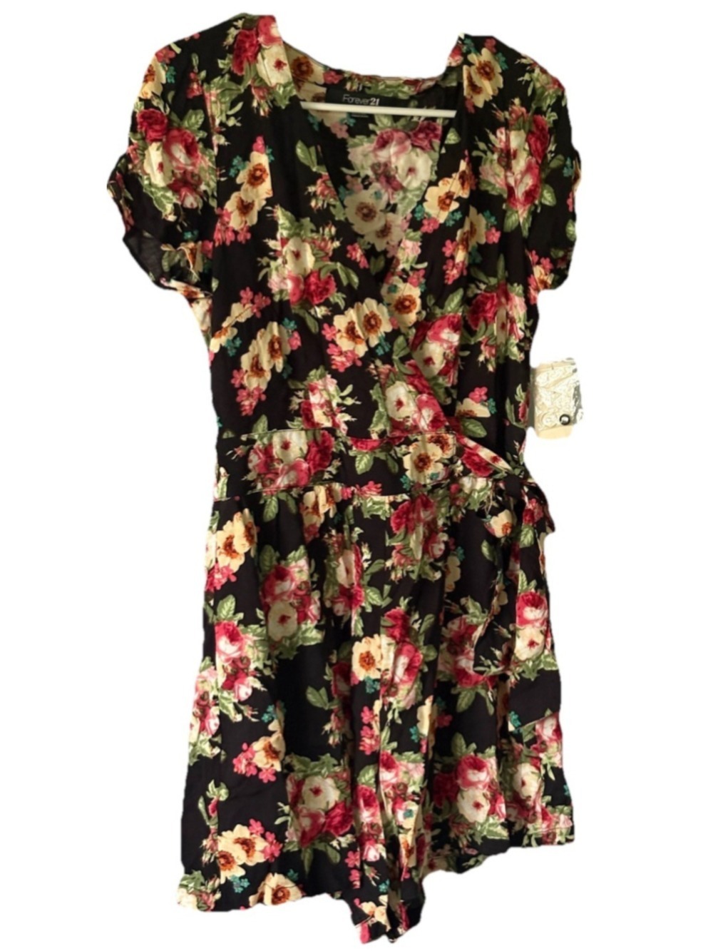 NWT Forever 21 Floral Wrap Romper M Black Red Rose Cottagecore Y2K Playsuit
